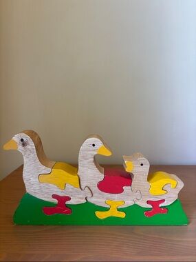 Wooden Duck Family Puzzle Toy in Natural & Yellow Vintage Style Waldorf Toddler